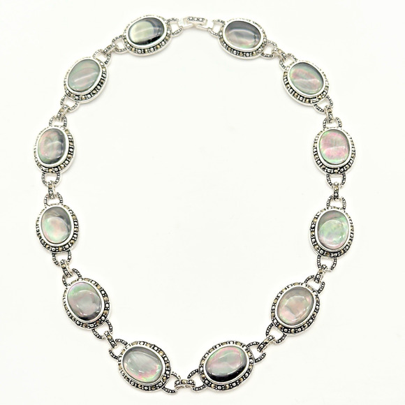 Abalone Shell Necklace Silver Tone Marcasite Halo Oval Link 18" - Picture 3 of 9